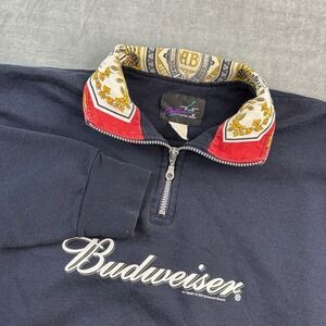 Vintage Budweiser Quarter Zip Sweatshirt Black Embroidered Logo Mens Large